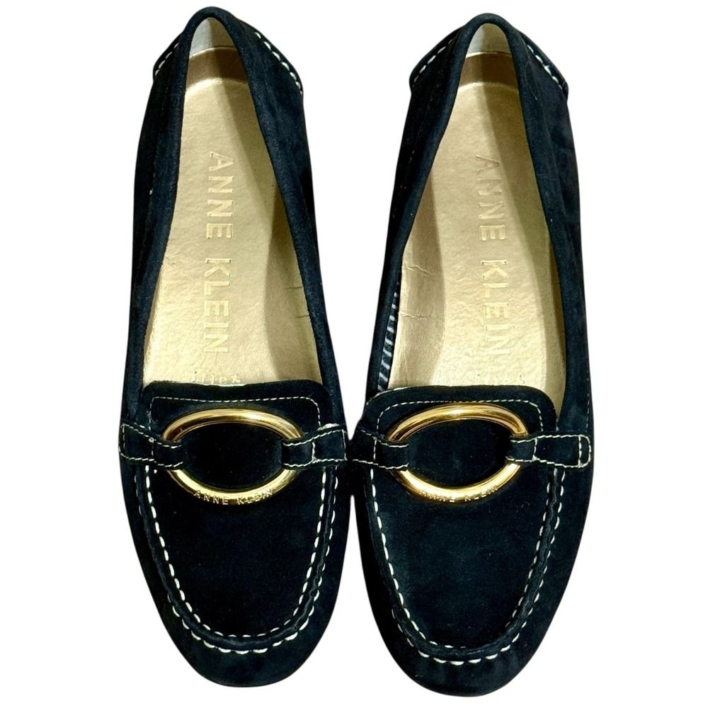 Anne Klein Womens Size-8 Black‎ Suede iFlex Loafers Gold Buckle Harmonie Flats